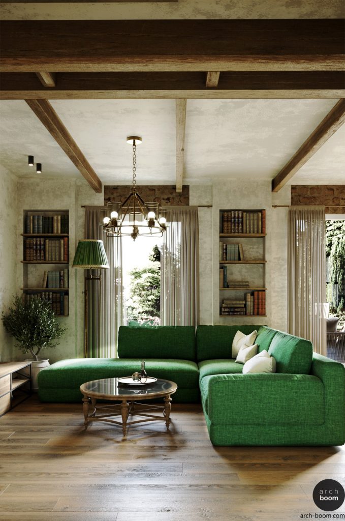 salon w stylu rustykalnym francuskim z zieloną kanapą