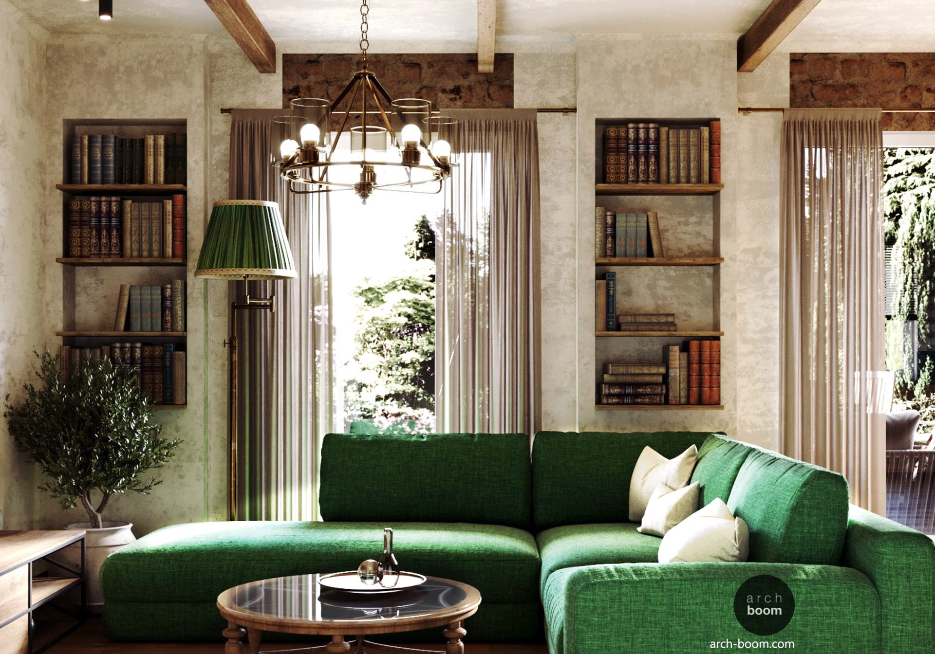 Dom w stylu rustykalnym francuskim z zieloną kanapa