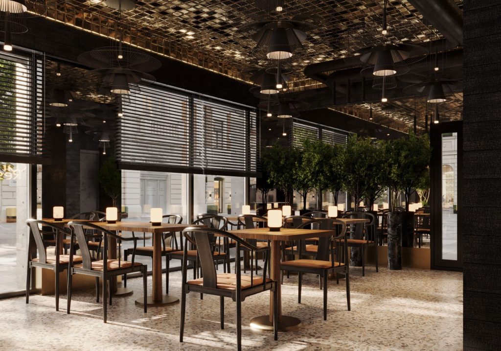 trendy w projektowaniu wnętrz restauracji Przykład wnętrza restauracji LIDO w Juracie - łączenie surowej deski i złota