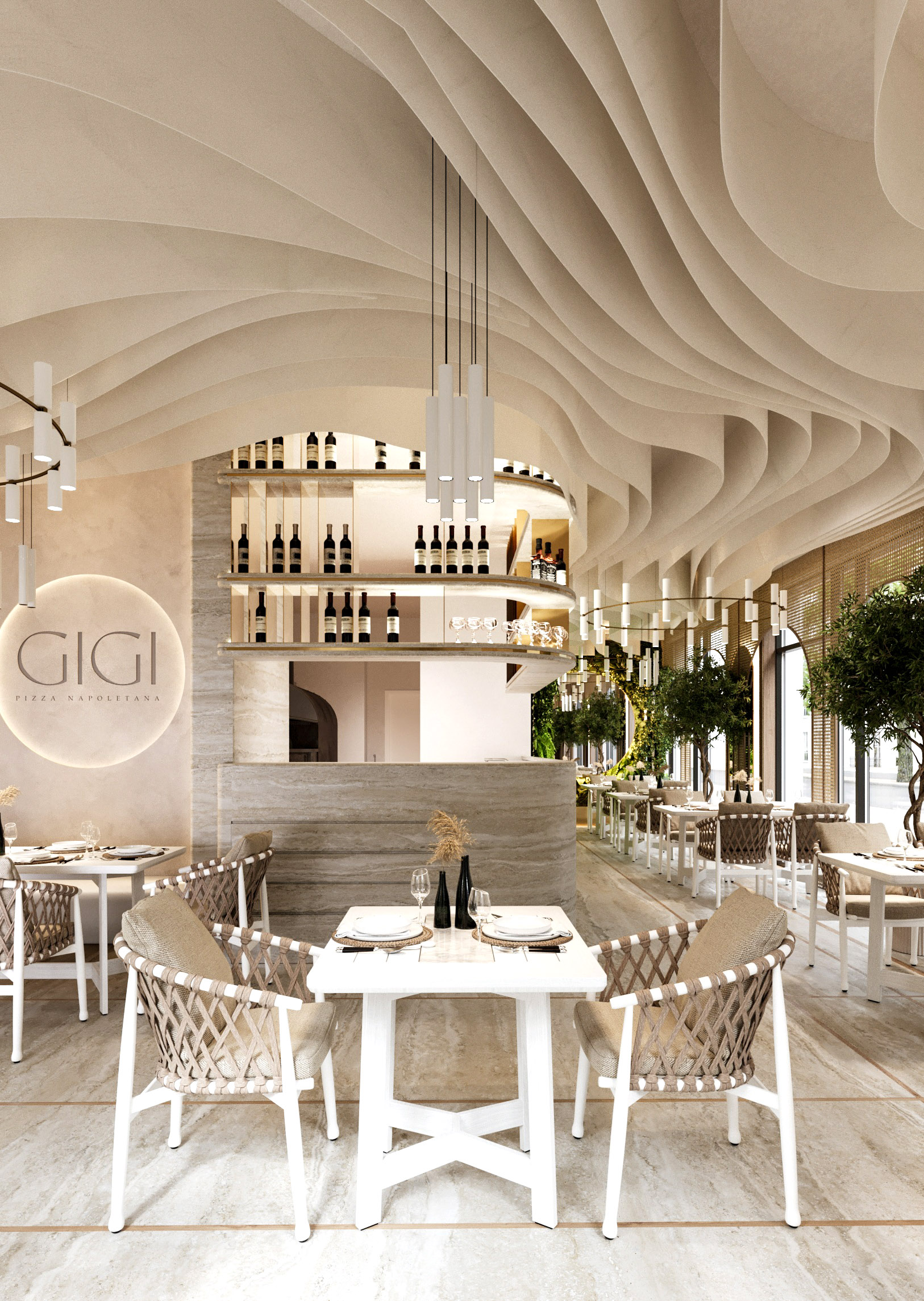 sufit w aranżacji sali restauracyjnej