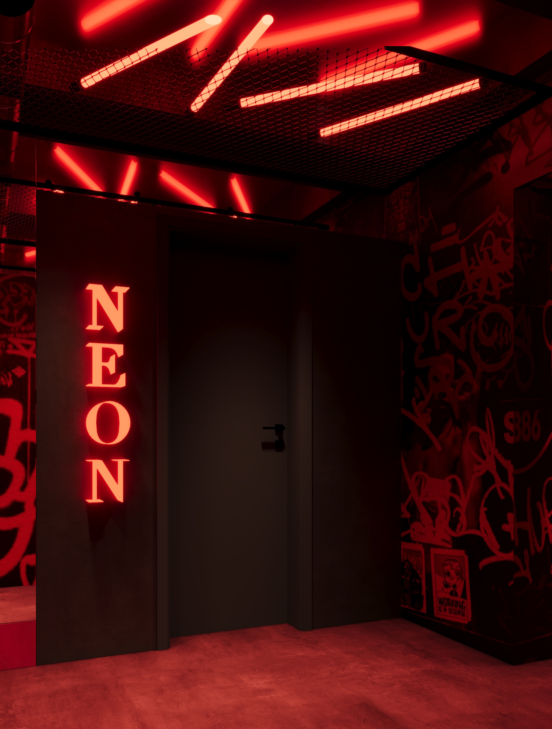 aranżacja lokalu z neonami i graffiti