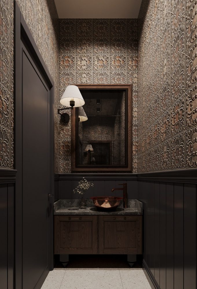 mroczna aranżacja WC w lokalu gastronomicznym